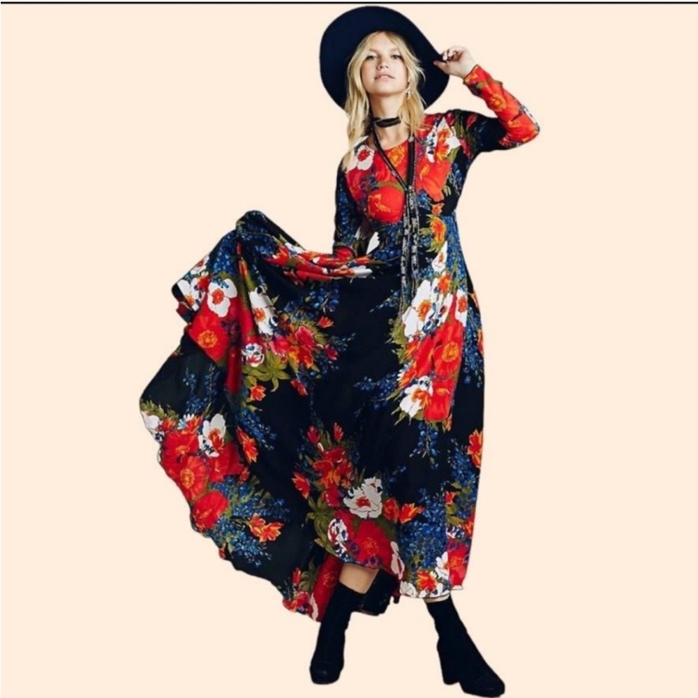 Free People Flowy Black First Kiss Floral Dress Size S